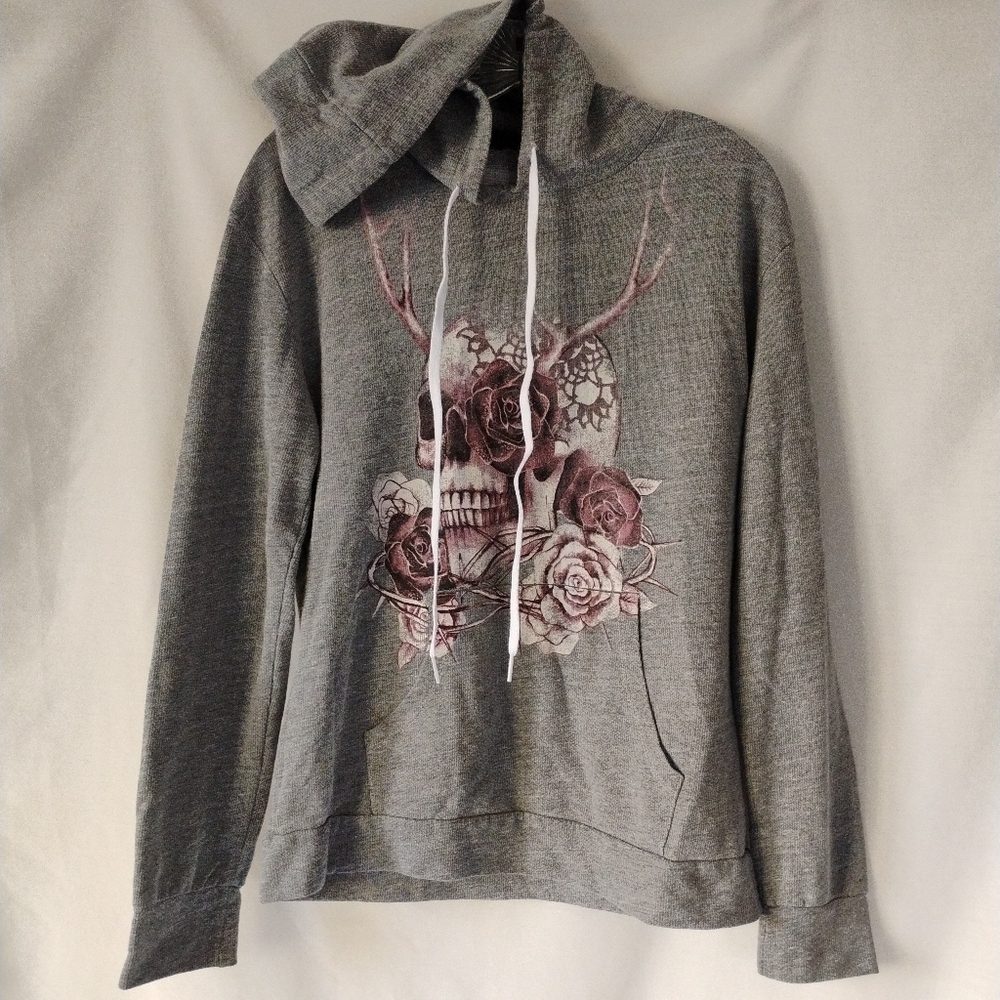Women's Gray Thermal Pink Floral Skull Roses Graphic Hoodie Shirt Skater Punk
